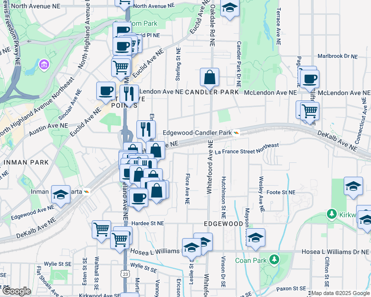 map of restaurants, bars, coffee shops, grocery stores, and more near 1350a La France Street Northeast in Atlanta