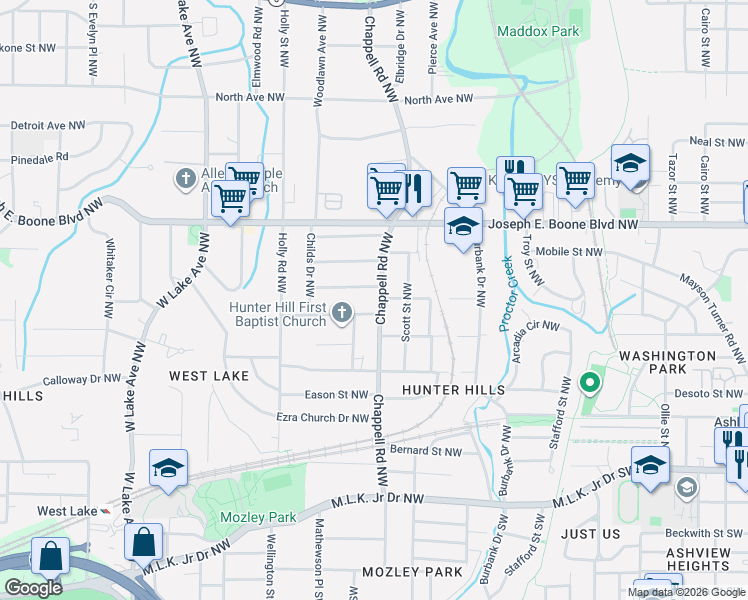 map of restaurants, bars, coffee shops, grocery stores, and more near 190 Chappell Road Northwest in Atlanta
