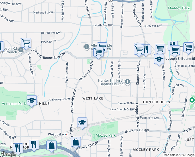 map of restaurants, bars, coffee shops, grocery stores, and more near 227 West Lake Drive Northwest in Atlanta