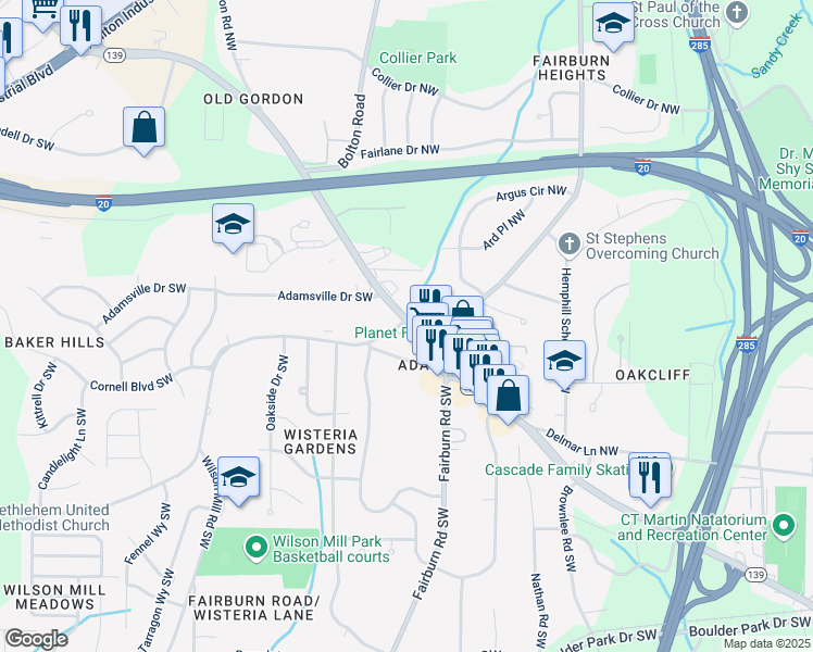 map of restaurants, bars, coffee shops, grocery stores, and more near Bakers Ferry Road Southwest in Atlanta