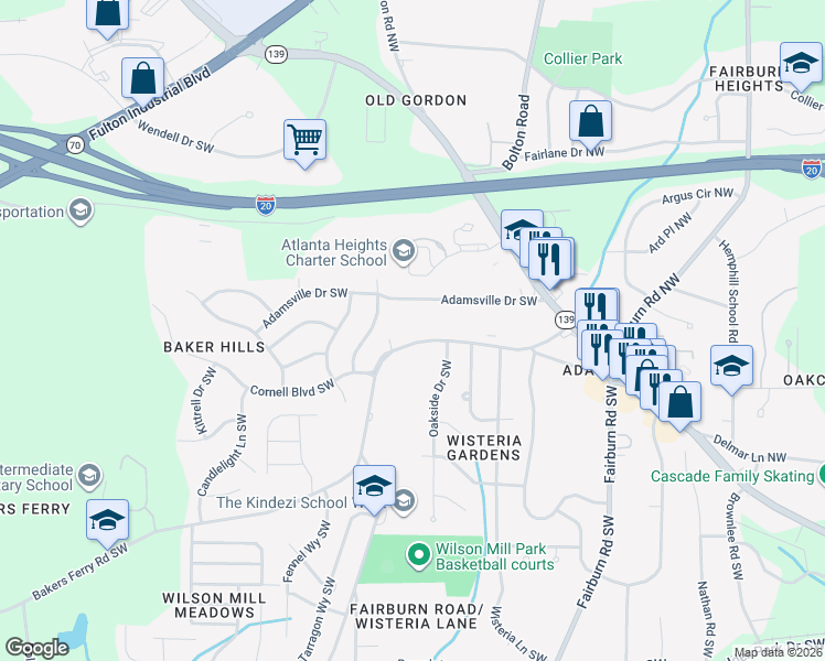 map of restaurants, bars, coffee shops, grocery stores, and more near 3755 Bakers Ferry Road Southwest in Atlanta
