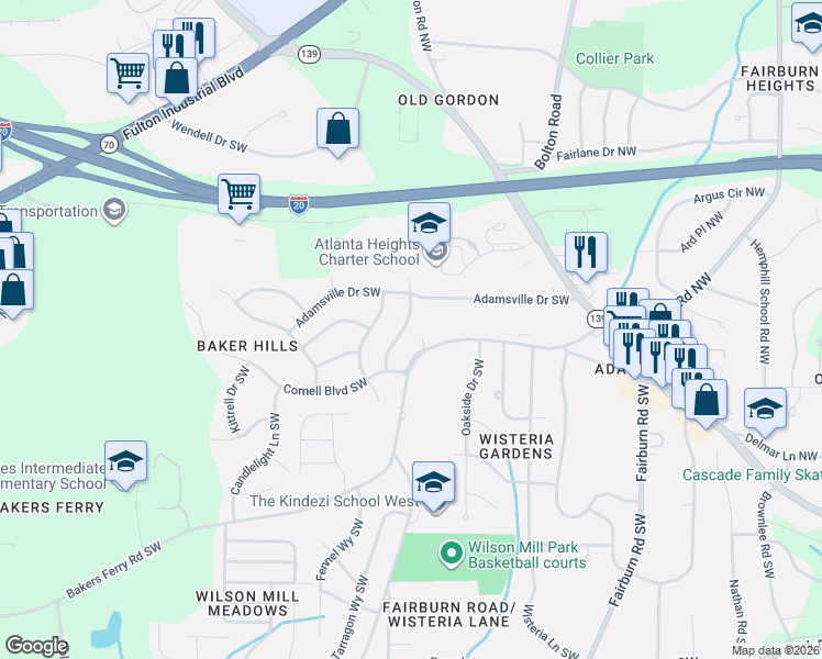 map of restaurants, bars, coffee shops, grocery stores, and more near 366 Woodstock Drive Southwest in Atlanta