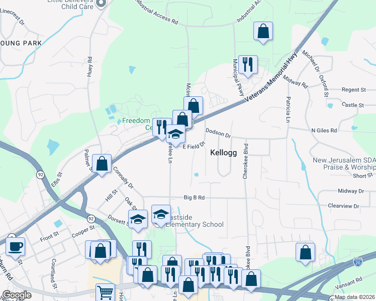 map of restaurants, bars, coffee shops, grocery stores, and more near 7994 East Field Drive in Douglasville