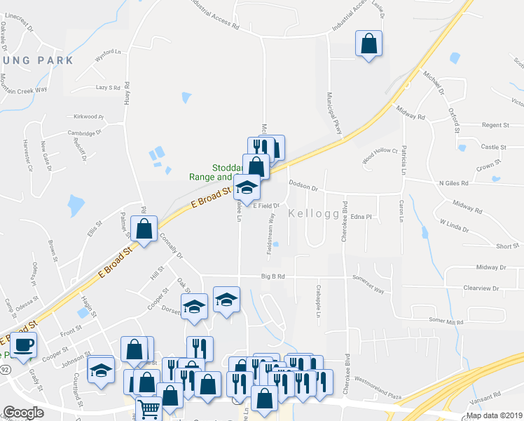 map of restaurants, bars, coffee shops, grocery stores, and more near 7996 East Field Drive in Douglasville