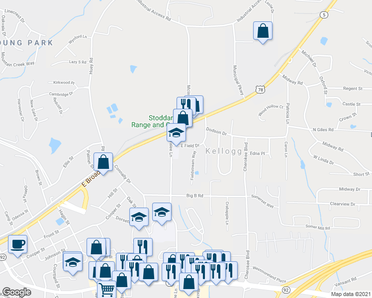 map of restaurants, bars, coffee shops, grocery stores, and more near 7998 East Field Drive in Douglasville