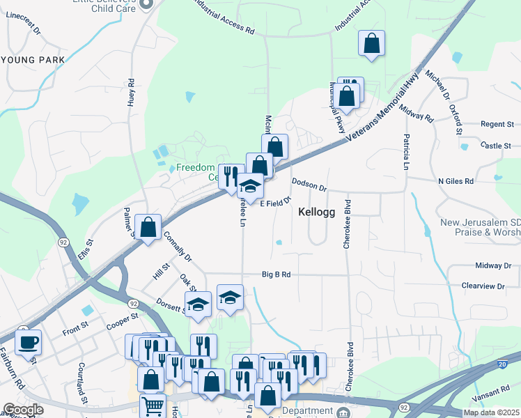 map of restaurants, bars, coffee shops, grocery stores, and more near 8004 East Field Drive in Douglasville