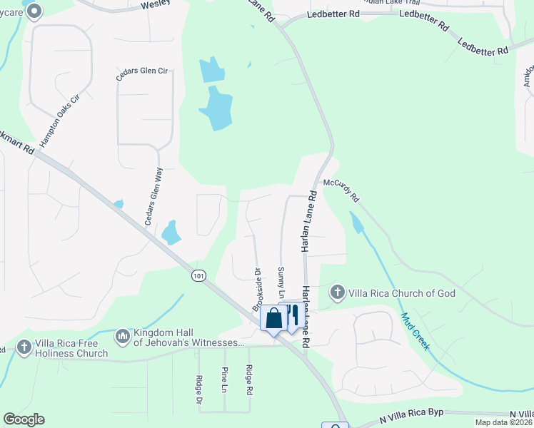 map of restaurants, bars, coffee shops, grocery stores, and more near 24 Heather Lane in Villa Rica