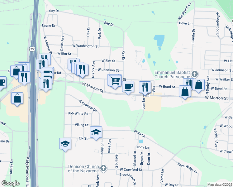 map of restaurants, bars, coffee shops, grocery stores, and more near 2514 West Morton Street in Denison