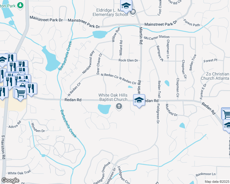 map of restaurants, bars, coffee shops, grocery stores, and more near 5146 Redan Road in Stone Mountain