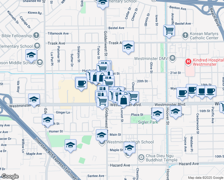 map of restaurants, bars, coffee shops, grocery stores, and more near 13861 Pine Street in Westminster
