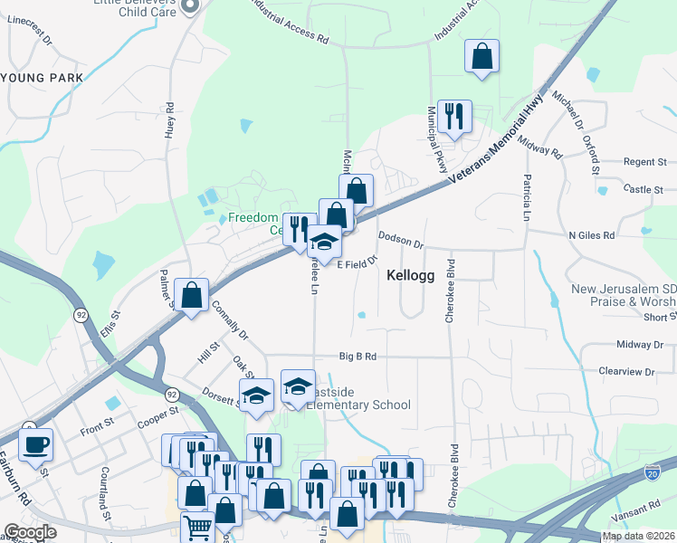 map of restaurants, bars, coffee shops, grocery stores, and more near 8000 East Field Drive in Douglasville