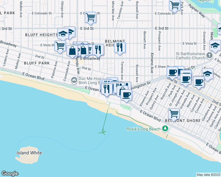 map of restaurants, bars, coffee shops, grocery stores, and more near 3817 East Livingston Drive in Long Beach