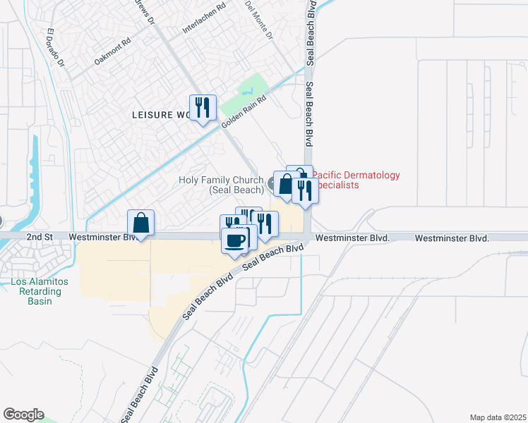 map of restaurants, bars, coffee shops, grocery stores, and more near 13930 Church Place in Seal Beach