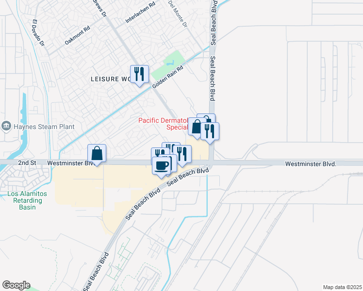 map of restaurants, bars, coffee shops, grocery stores, and more near 13930 Church Place in Seal Beach