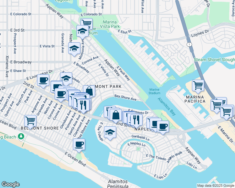 map of restaurants, bars, coffee shops, grocery stores, and more near 323 Bay Shore Avenue in Long Beach