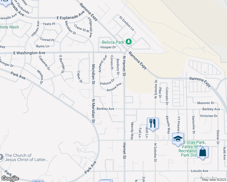 map of restaurants, bars, coffee shops, grocery stores, and more near 4323 Annisa Avenue in Hemet