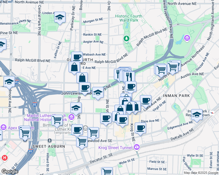 map of restaurants, bars, coffee shops, grocery stores, and more near Freedom Park Trail in Atlanta