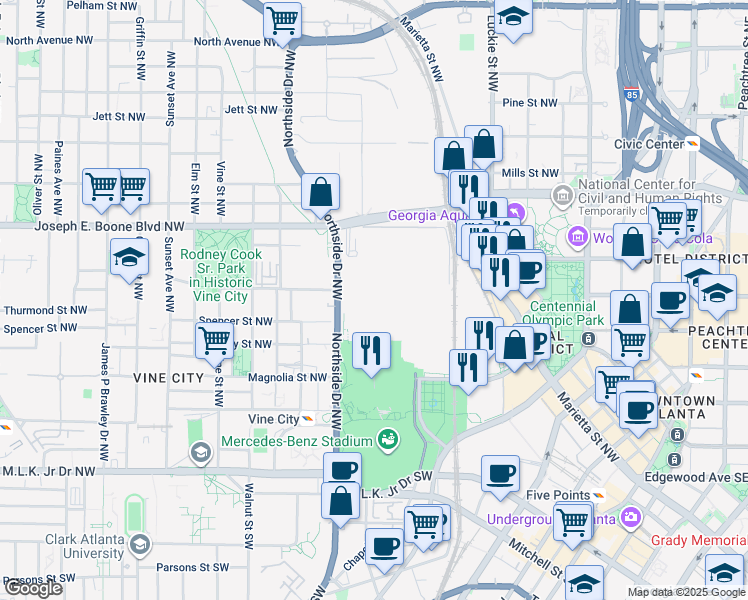 map of restaurants, bars, coffee shops, grocery stores, and more near 285 Andrew Young International Boulevard Northwest in Atlanta