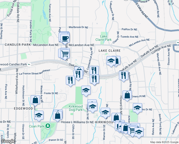 map of restaurants, bars, coffee shops, grocery stores, and more near 1786 DeKalb Avenue Northeast in Atlanta
