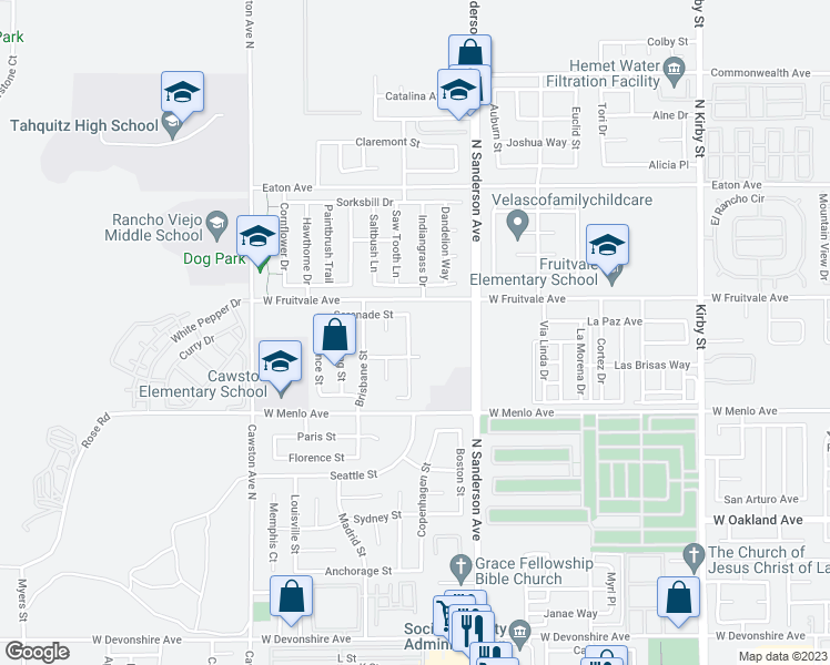 map of restaurants, bars, coffee shops, grocery stores, and more near 840 Shiraz Drive in Hemet