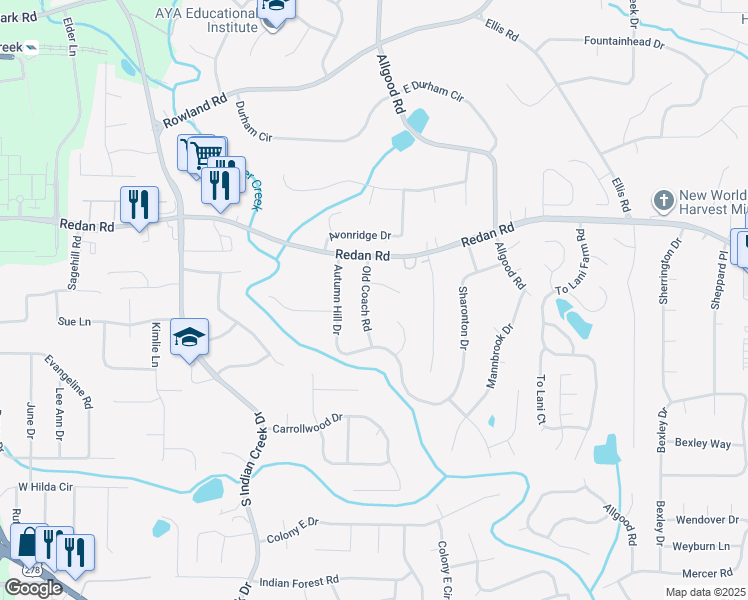 map of restaurants, bars, coffee shops, grocery stores, and more near 1144 Autumn Hill Court in Stone Mountain