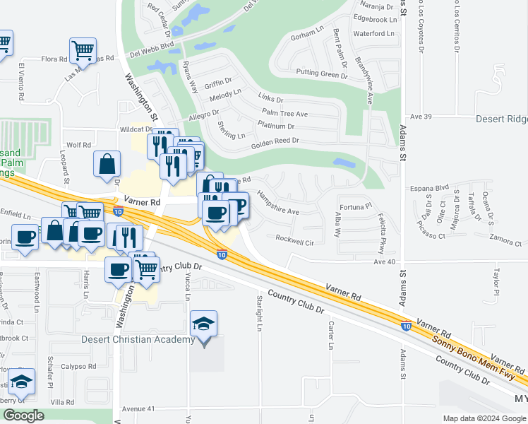 map of restaurants, bars, coffee shops, grocery stores, and more near 78480 Glastonbury Way in Palm Desert