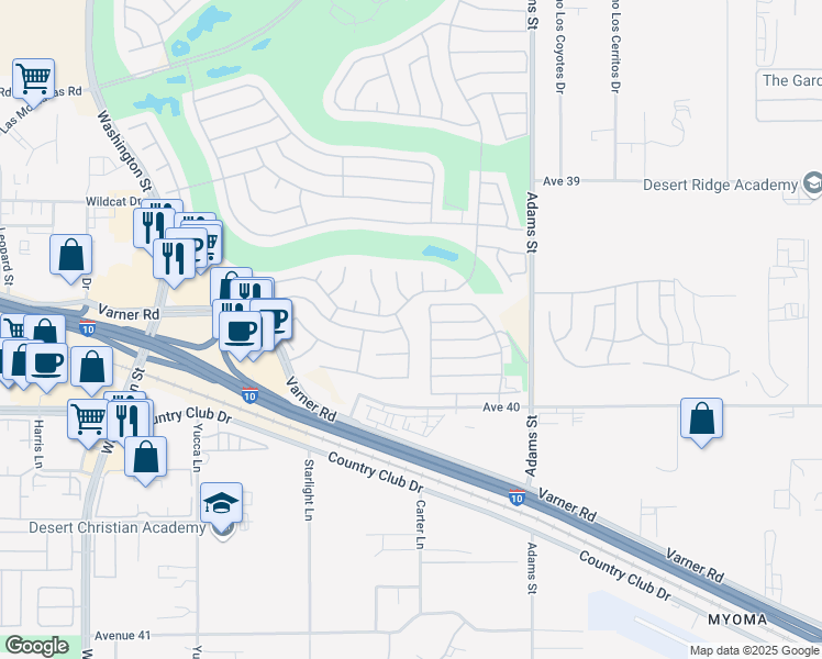 map of restaurants, bars, coffee shops, grocery stores, and more near 39676 Somerset Avenue in Palm Desert