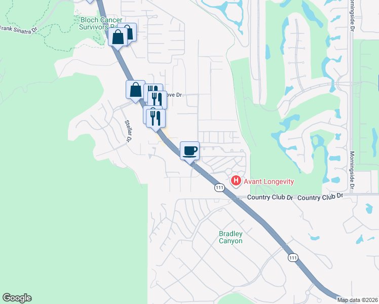 map of restaurants, bars, coffee shops, grocery stores, and more near 69 Ruby Lane in Rancho Mirage