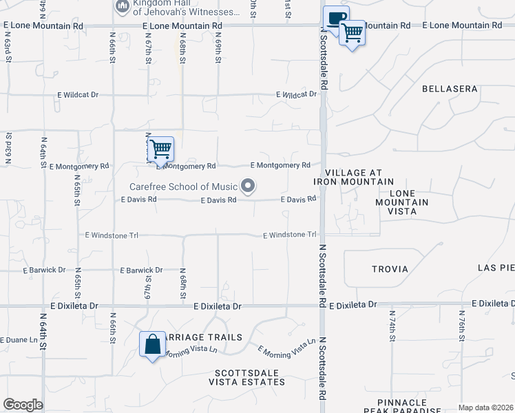 map of restaurants, bars, coffee shops, grocery stores, and more near 7015 East Davis Road in Scottsdale