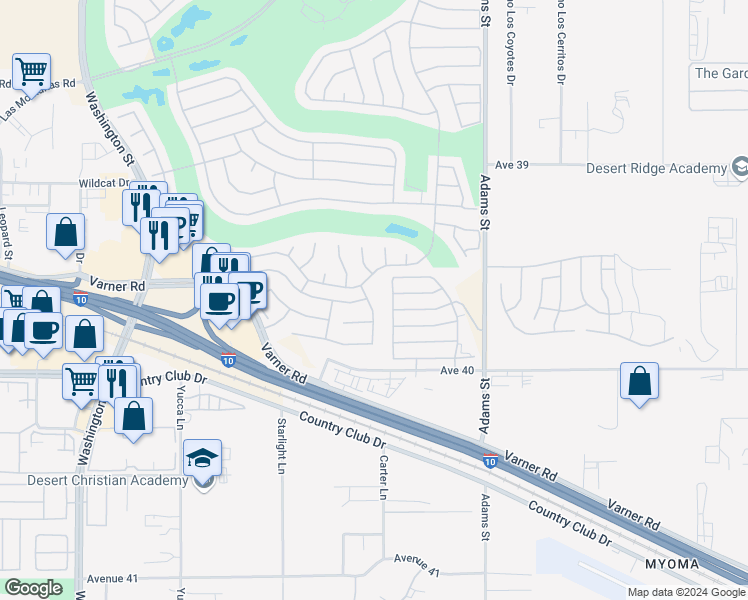 map of restaurants, bars, coffee shops, grocery stores, and more near 39676 Somerset Avenue in Palm Desert