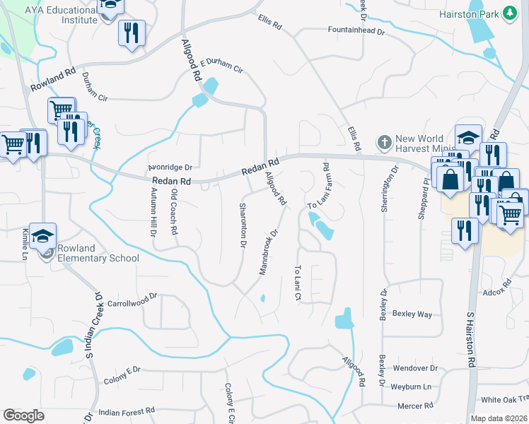 map of restaurants, bars, coffee shops, grocery stores, and more near 1098 Sharonton Drive in Stone Mountain