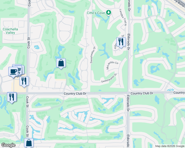 map of restaurants, bars, coffee shops, grocery stores, and more near 39626 Sweetwater Drive in Palm Desert