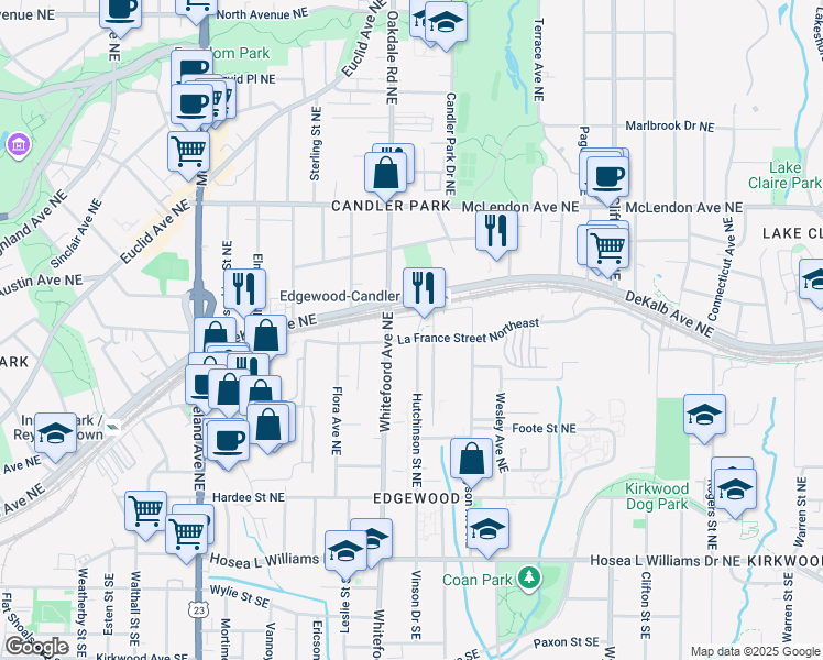 map of restaurants, bars, coffee shops, grocery stores, and more near 1450 La France Street Northeast in Atlanta
