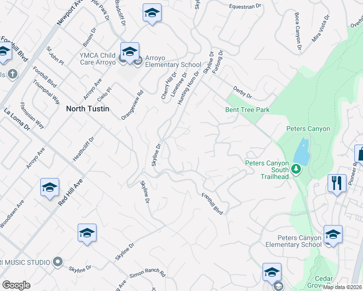 map of restaurants, bars, coffee shops, grocery stores, and more near Skyline View in North Tustin