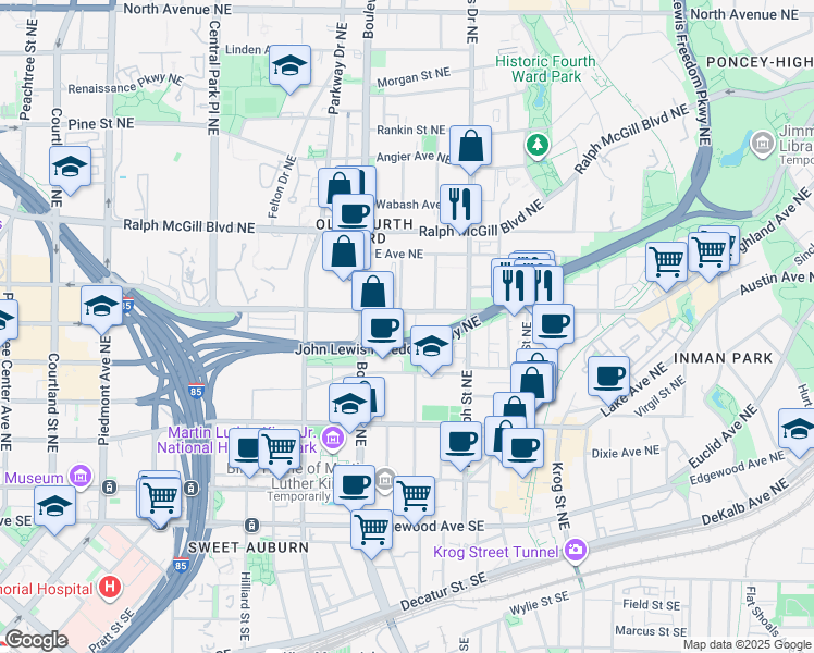 map of restaurants, bars, coffee shops, grocery stores, and more near 240 Howell Street Northeast in Atlanta