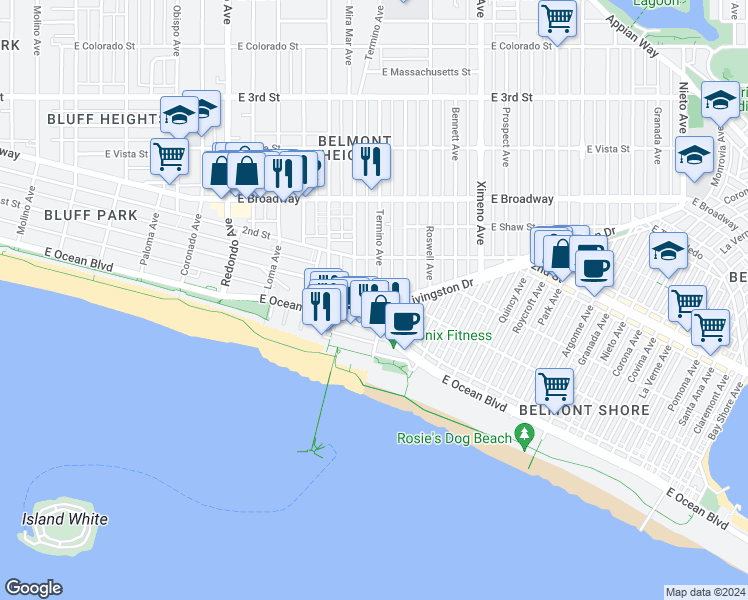map of restaurants, bars, coffee shops, grocery stores, and more near 3930 East First Street in Long Beach