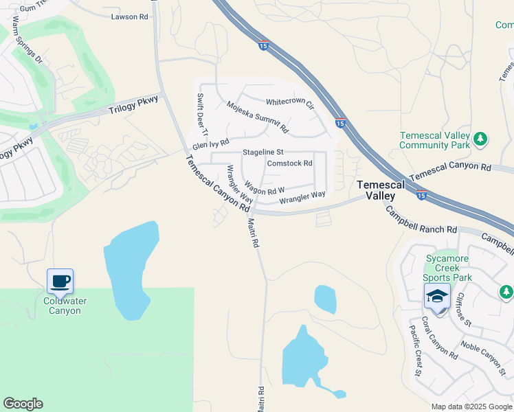 map of restaurants, bars, coffee shops, grocery stores, and more near 10215 Wrangler Way in Corona