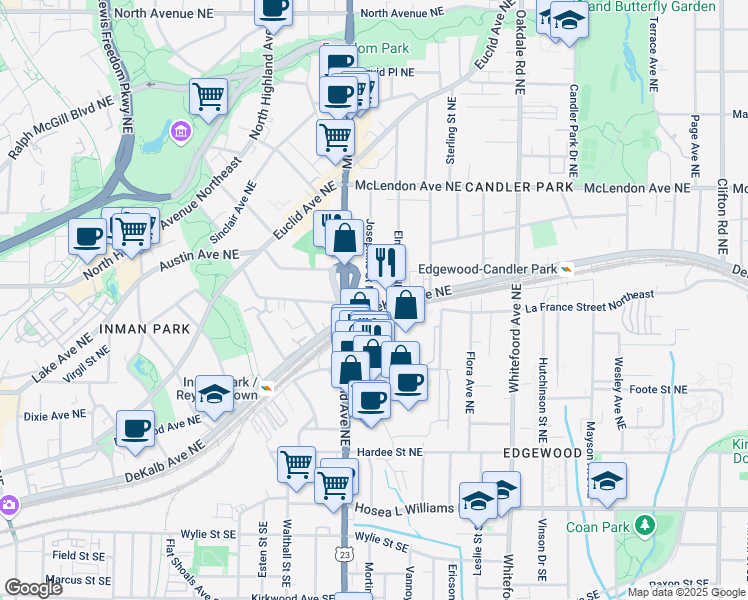 map of restaurants, bars, coffee shops, grocery stores, and more near 1210 DeKalb Avenue Northeast in Atlanta