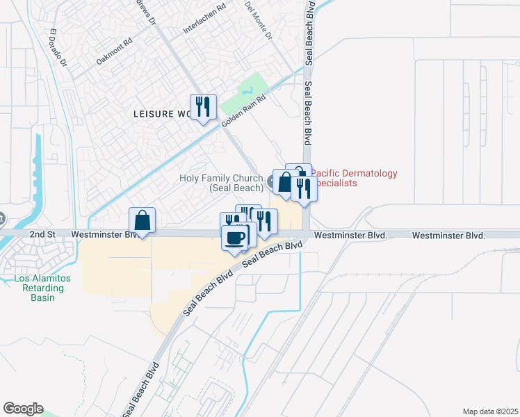 map of restaurants, bars, coffee shops, grocery stores, and more near 13930 Church Place in Seal Beach
