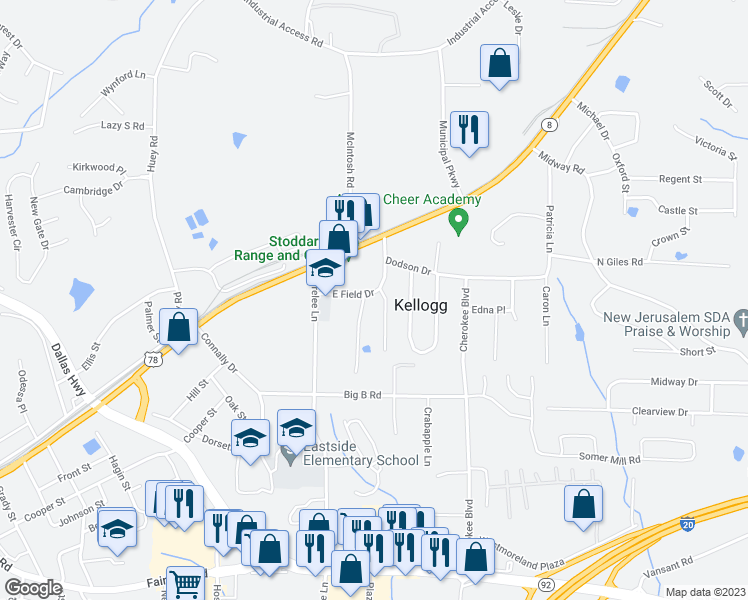 map of restaurants, bars, coffee shops, grocery stores, and more near 7980 East Field Drive in Douglasville