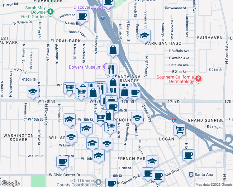 map of restaurants, bars, coffee shops, grocery stores, and more near 1722 North Bush Street in Santa Ana