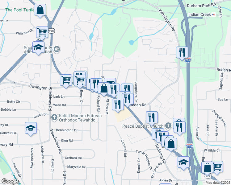 map of restaurants, bars, coffee shops, grocery stores, and more near in DeKalb County
