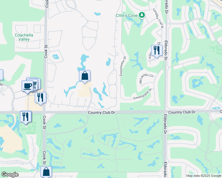 map of restaurants, bars, coffee shops, grocery stores, and more near 153 Desert Falls Drive East in Palm Desert