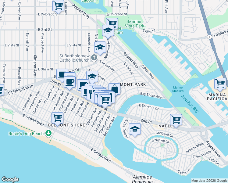 map of restaurants, bars, coffee shops, grocery stores, and more near 5337 The Toledo in Long Beach