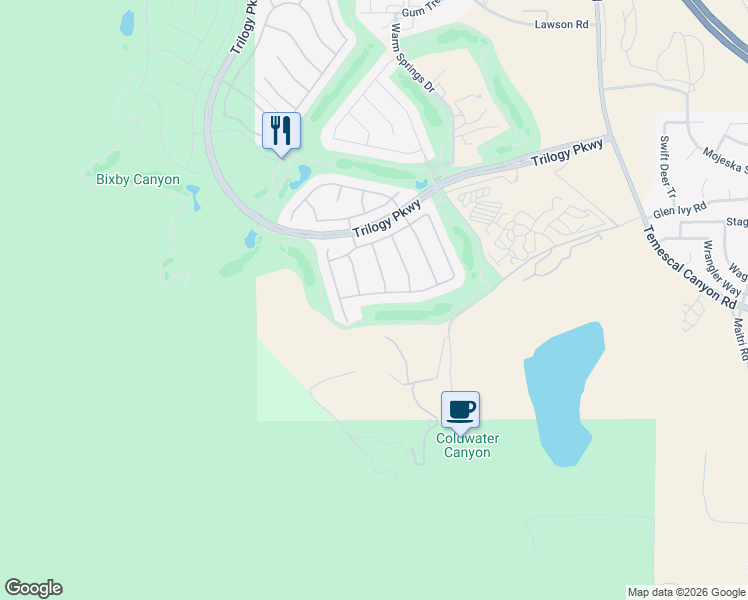 map of restaurants, bars, coffee shops, grocery stores, and more near 9301 Hughes Drive in Corona