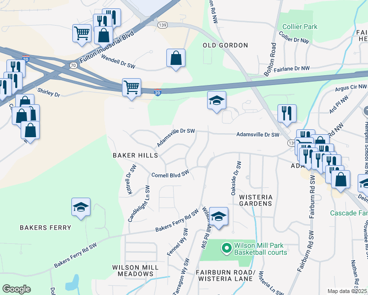 map of restaurants, bars, coffee shops, grocery stores, and more near 3940 Rutgers Drive Southwest in Atlanta