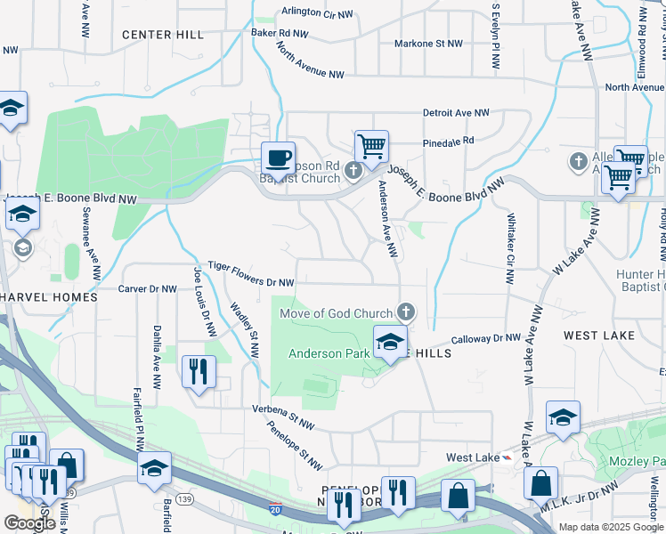 map of restaurants, bars, coffee shops, grocery stores, and more near 2007 Tiger Flowers Drive Northwest in Atlanta
