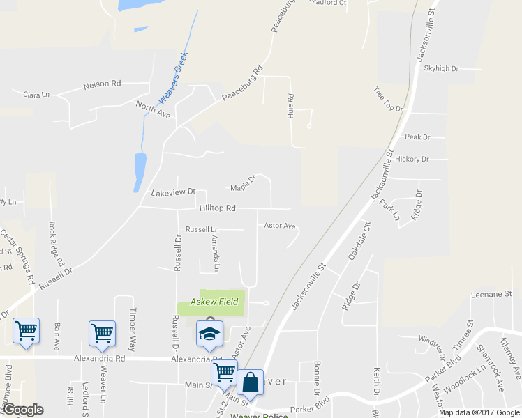 map of restaurants, bars, coffee shops, grocery stores, and more near 304 Hilltop Road in Weaver