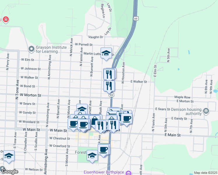 map of restaurants, bars, coffee shops, grocery stores, and more near 210 West Bond Street in Denison