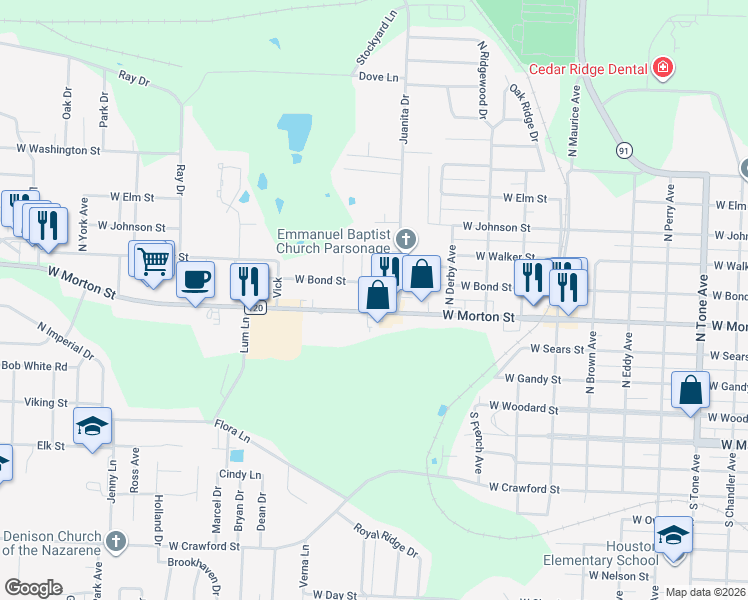 map of restaurants, bars, coffee shops, grocery stores, and more near 1905 West Morton Street in Denison